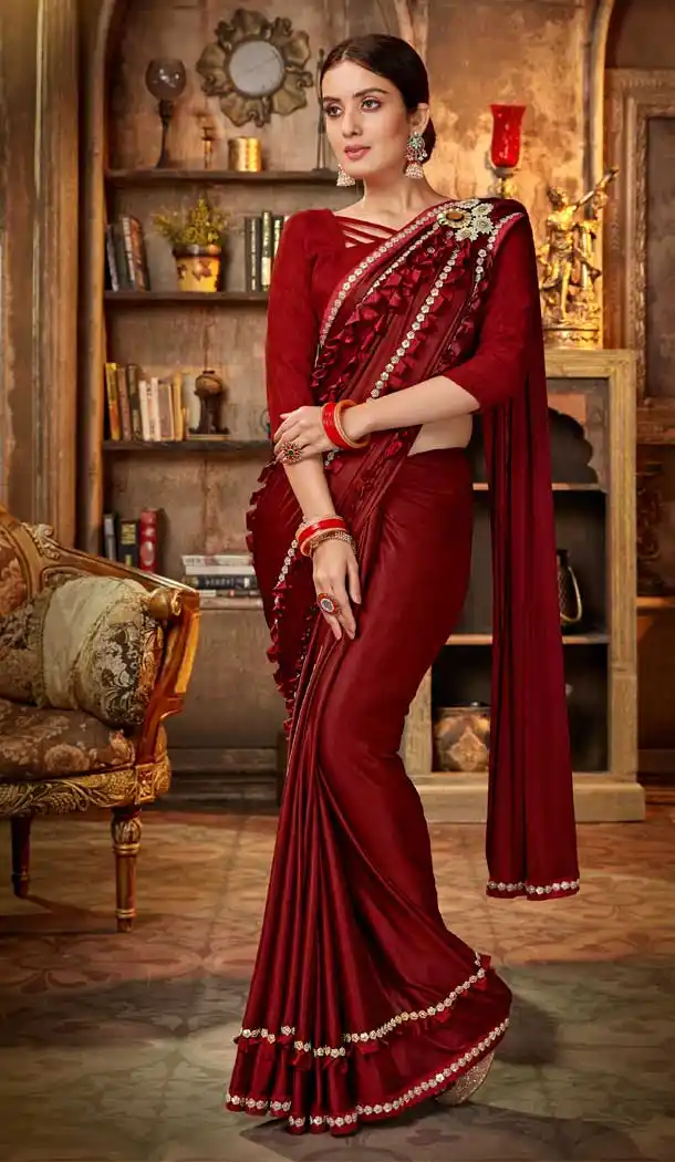 Maroon Color Lycra Designer Party Wear Readymade Saree -71752122