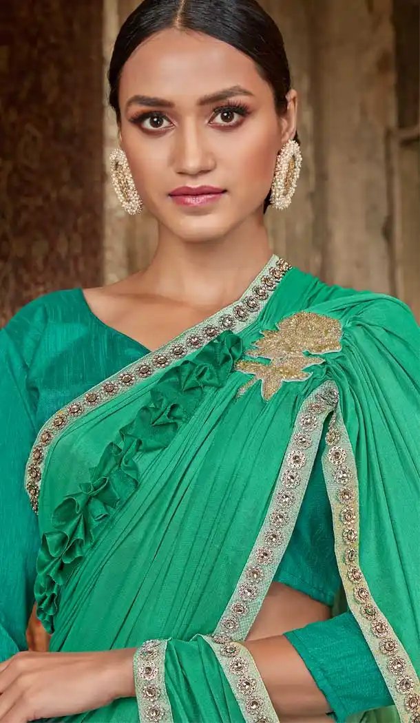 Sea Green Color Lycra Designer Party Wear Readymade Saree -71752124