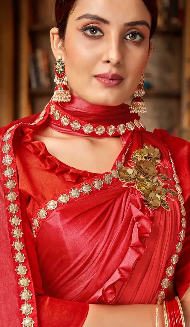 Red Color Lycra Designer Party Wear Readymade Saree -71752125