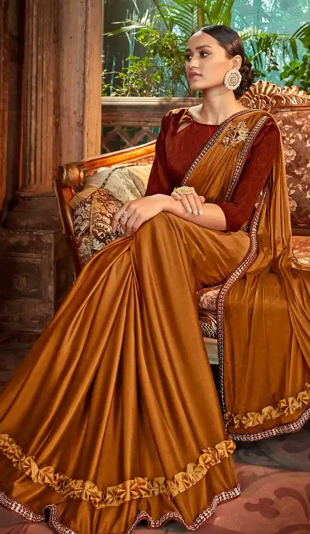 Brown Color Lycra Designer Party Wear Readymade Saree -71752127