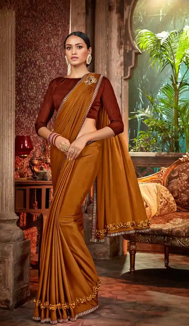 Brown Color Lycra Designer Party Wear Readymade Saree -71752127