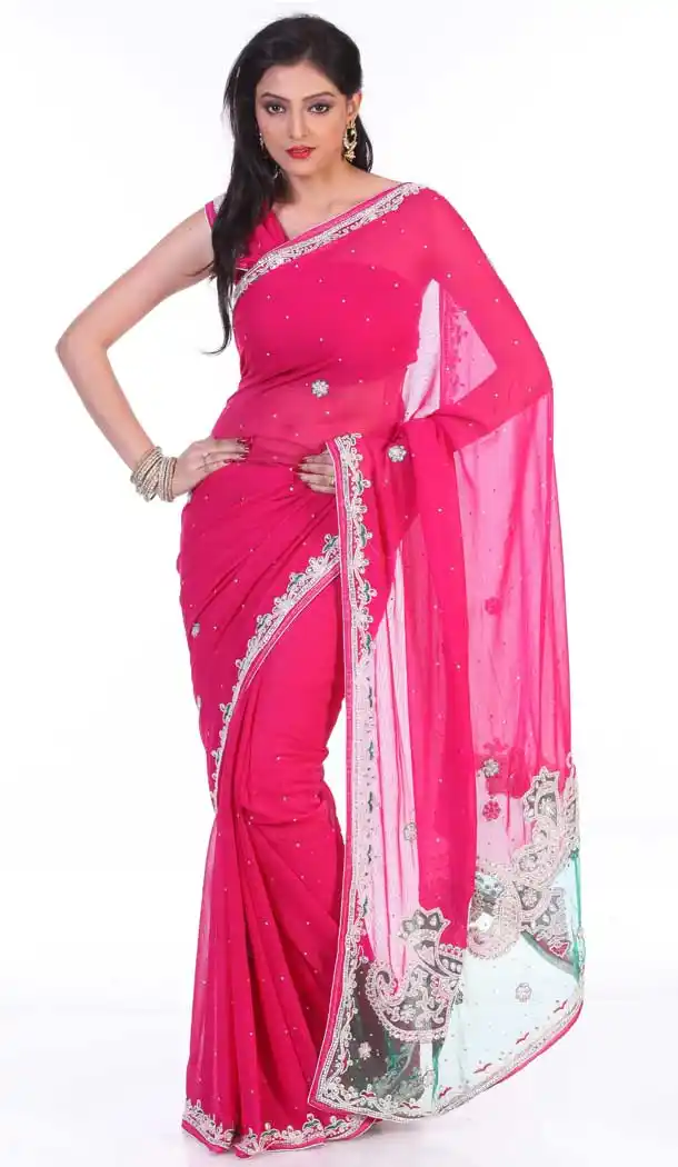 Gorgeous Pink Color Georgette Hand Work Bridal Designer Saree -694186525