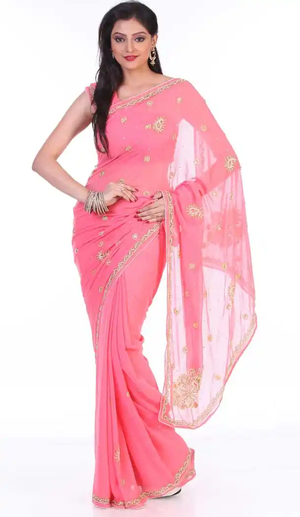 Peach Color Georgette Hand Work Bridal Designer Saree -694186530