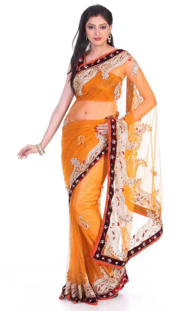 Orange Color Net Hand Work Bridal Designer Saree -694186537
