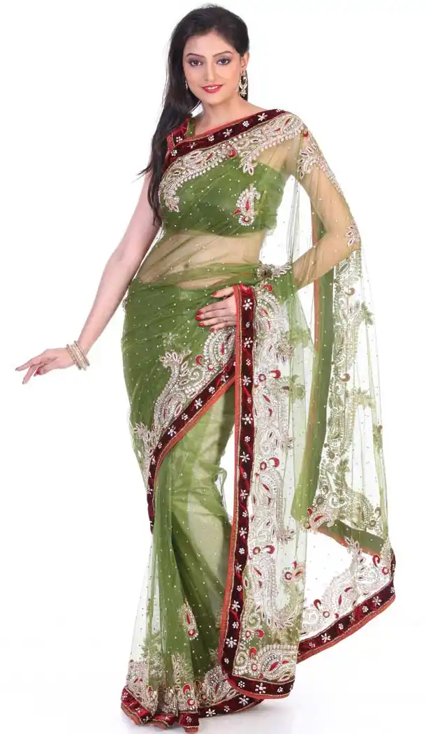 Fantastic Olive Color Net Hand Work Bridal Designer Saree -694186539