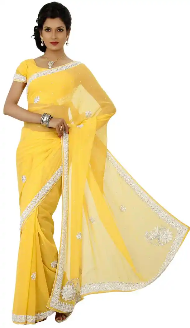 Ethnic Yellow Color Georgette Hand Work Bridal Designer Saree -694186545