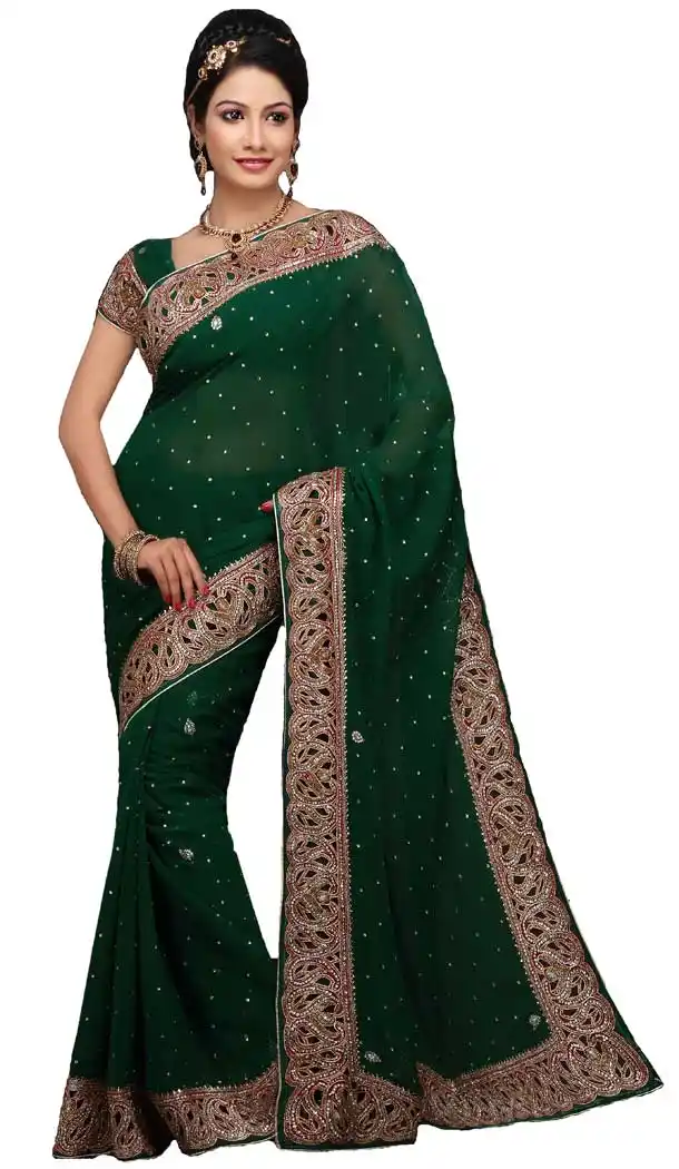 Fashion Green Color Georgette Hand Work Bridal Designer Saree -694186547