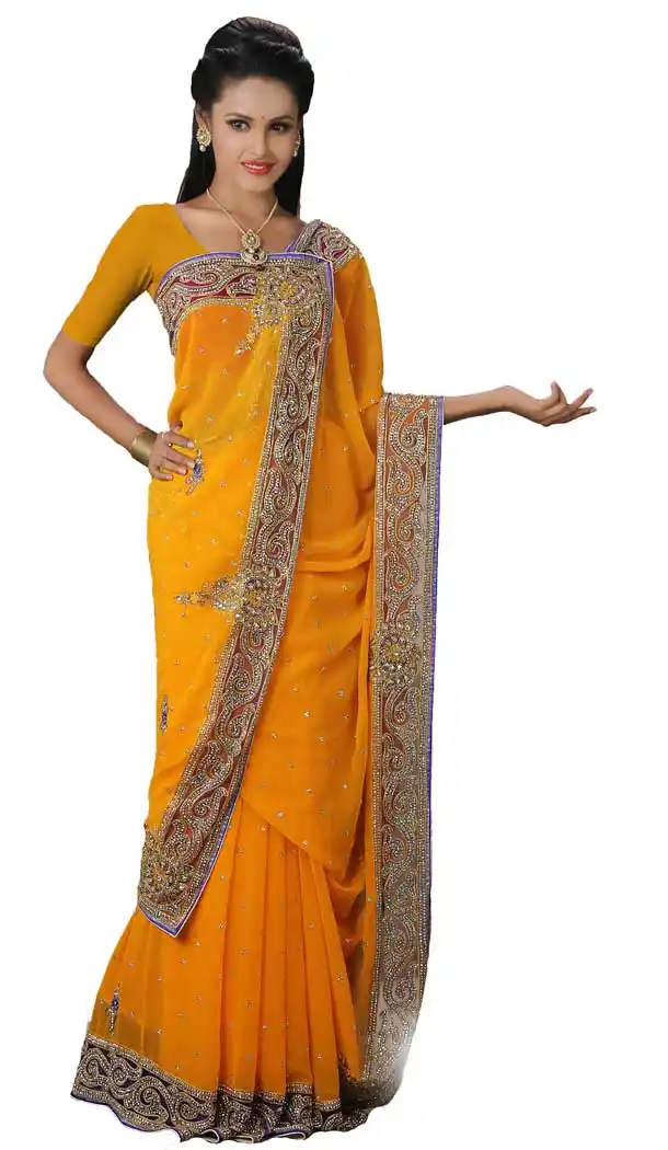 Splendor Yellow Color Georgette Hand Work Bridal Designer Saree -694186553