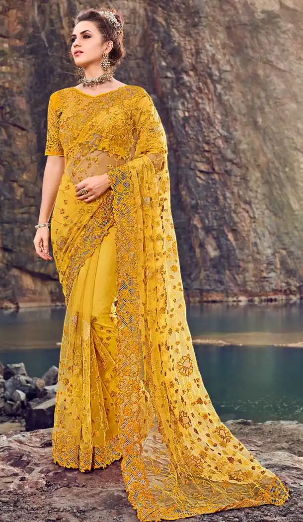 Yellow  Color Digital Net Designer Wedding Wear Saree Blouse -695786746