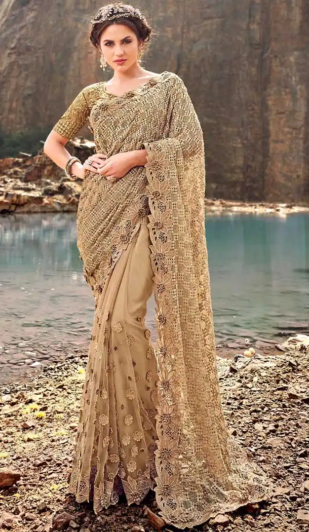 Chiku Color Digital Net Designer Wedding Wear Saree Blouse -695786748