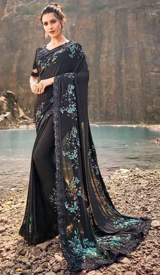 Black Color Korean Designer Wedding Wear Saree Blouse -695786749