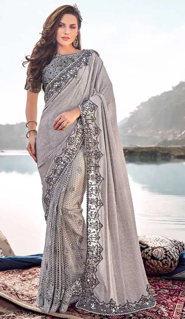 Majesty Grey Color Korean Designer Wedding Wear Saree Blouse -695786750