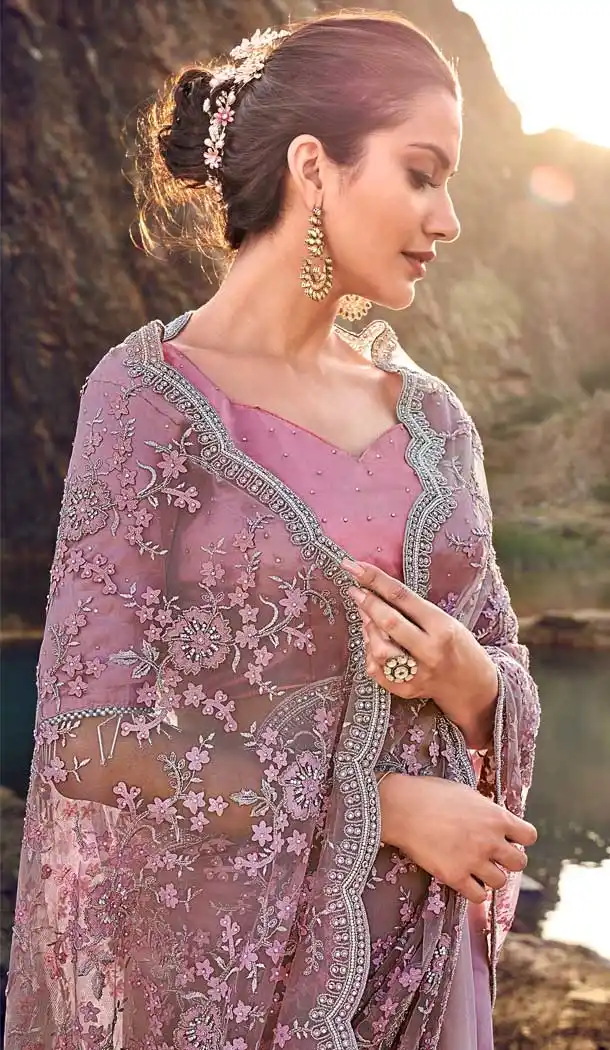 Creamy Pink Color Digital Net Designer Wedding Wear Saree Blouse -695786751