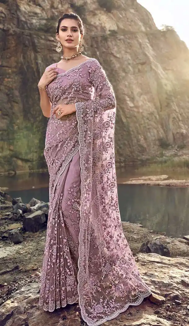 Creamy Pink Color Digital Net Designer Wedding Wear Saree Blouse -695786751
