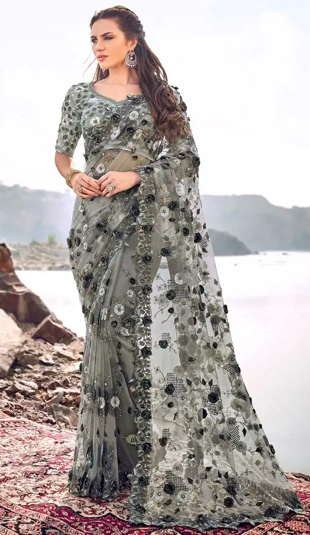 Mehendi Green Color Digital Net Designer Wedding Wear Saree Blouse -695786752
