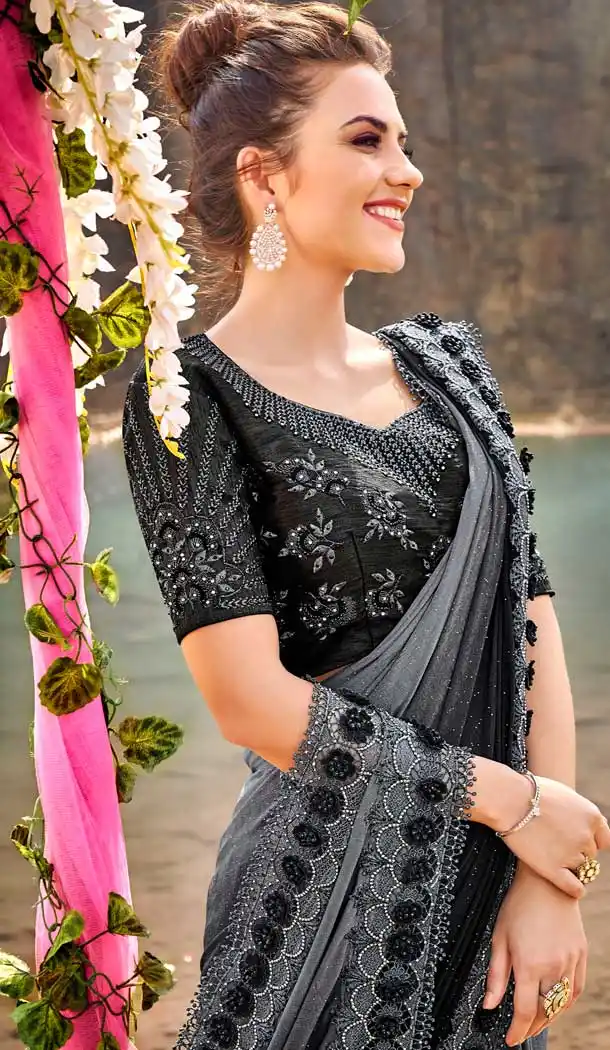 Grey Black Color Korean Designer Wedding Wear Saree Blouse -695786755