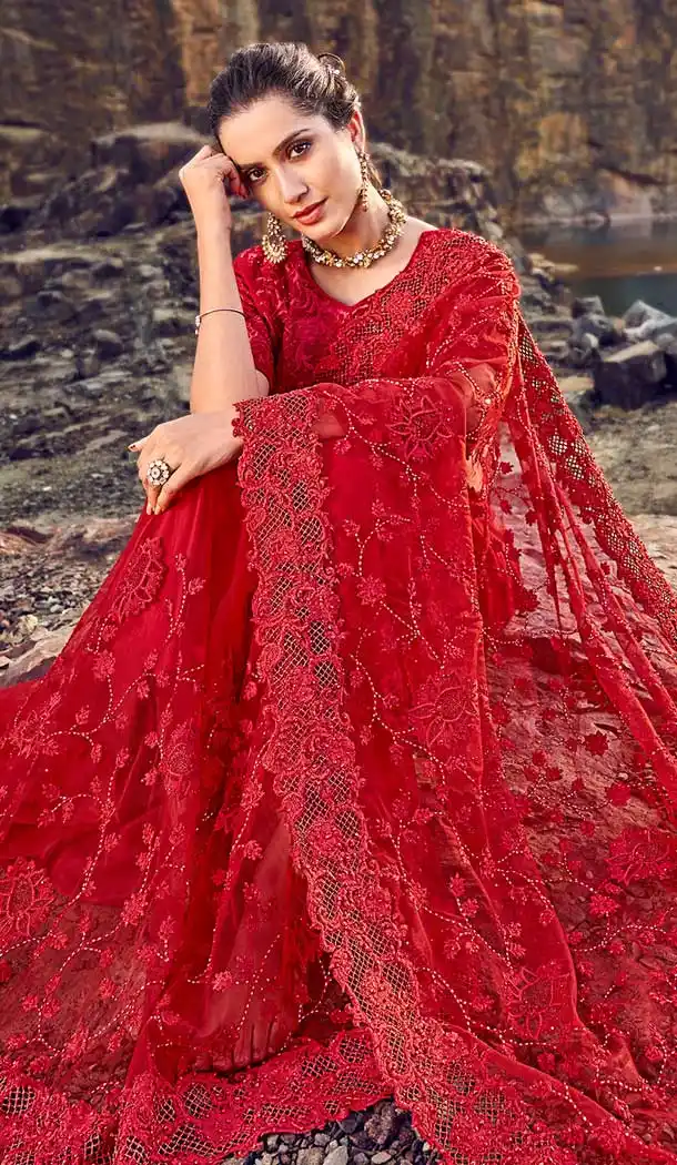 Red Color Digital Net Designer Wedding Wear Saree Blouse -695786756
