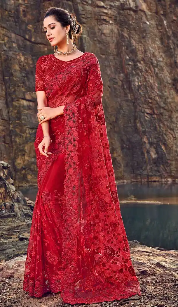 Red Color Digital Net Designer Wedding Wear Saree Blouse -695786756