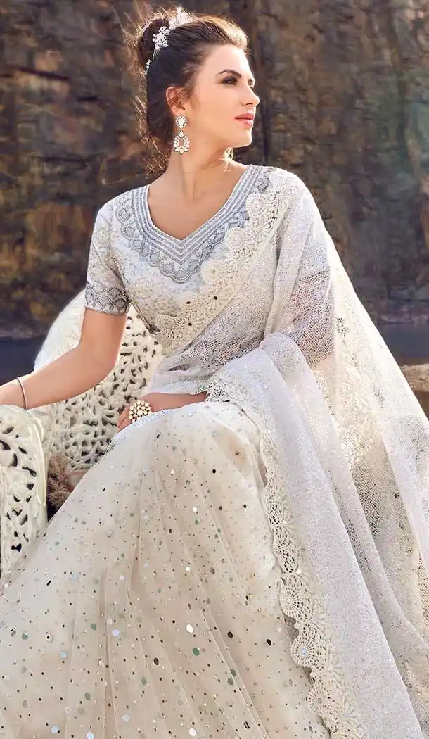 White Color Digital Net Designer Wedding Wear Saree Blouse -695786759