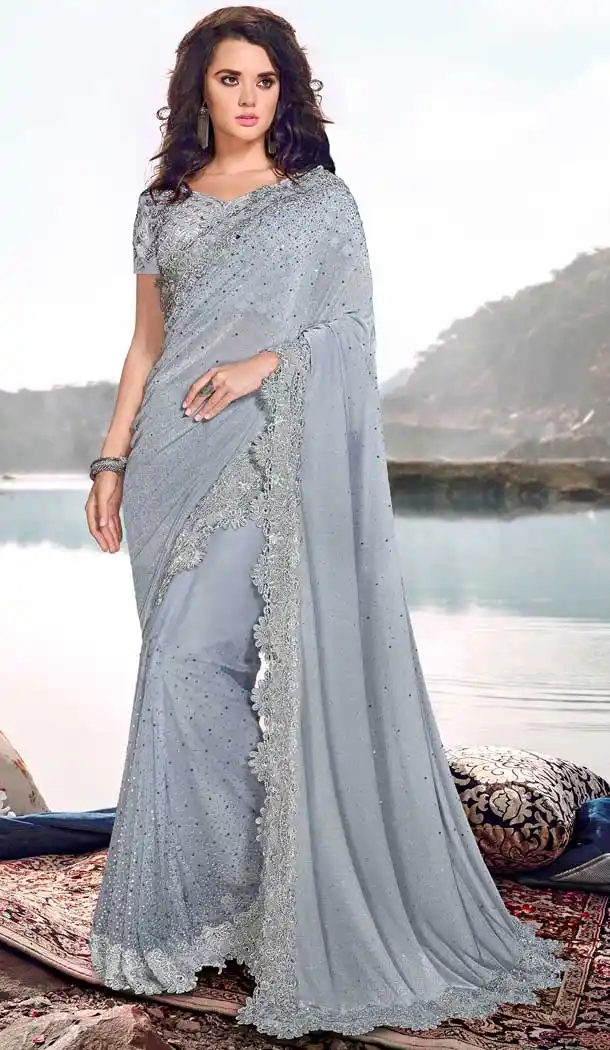 Light Grey Color Digital Net Designer Wedding Wear Saree Blouse -695786760