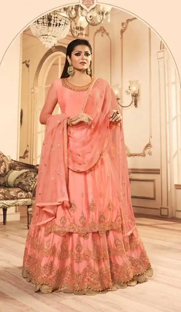 Peach Color Net Tv Star Drashti Dhami Lehenga Style Suits -72722915