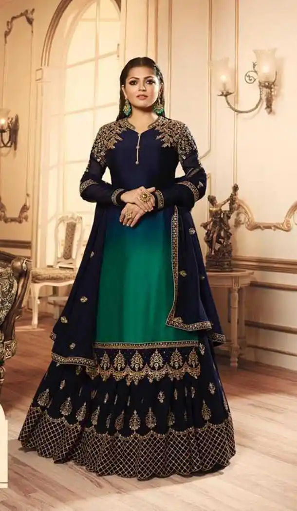 Navy Blue Color Georgette Satin Tv Star Drashti Dhami Lehenga Style Suits -72722916