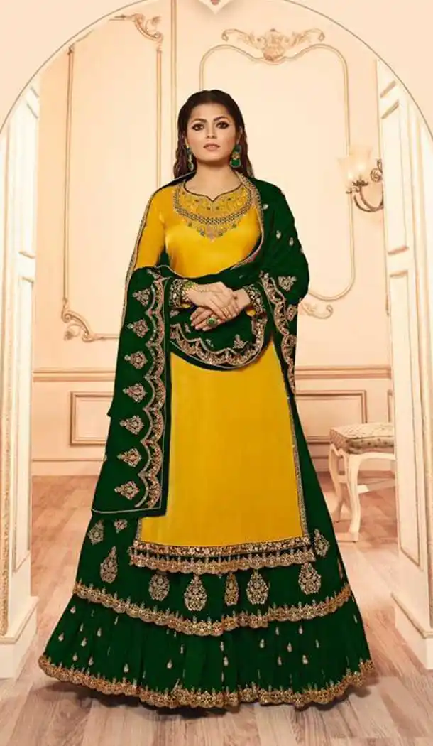 Yellow Color Georgette Satin Tv Star Drashti Dhami Lehenga Style Suits -72722917