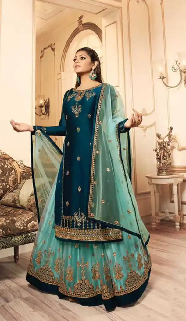 Teal Blue Color Georgette Satin Tv Star Drashti Dhami Lehenga Style Suits -72722919