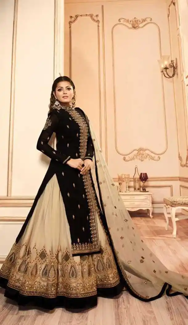 Black Color Georgette Satin Tv Star Drashti Dhami Lehenga Style Suits -72722921