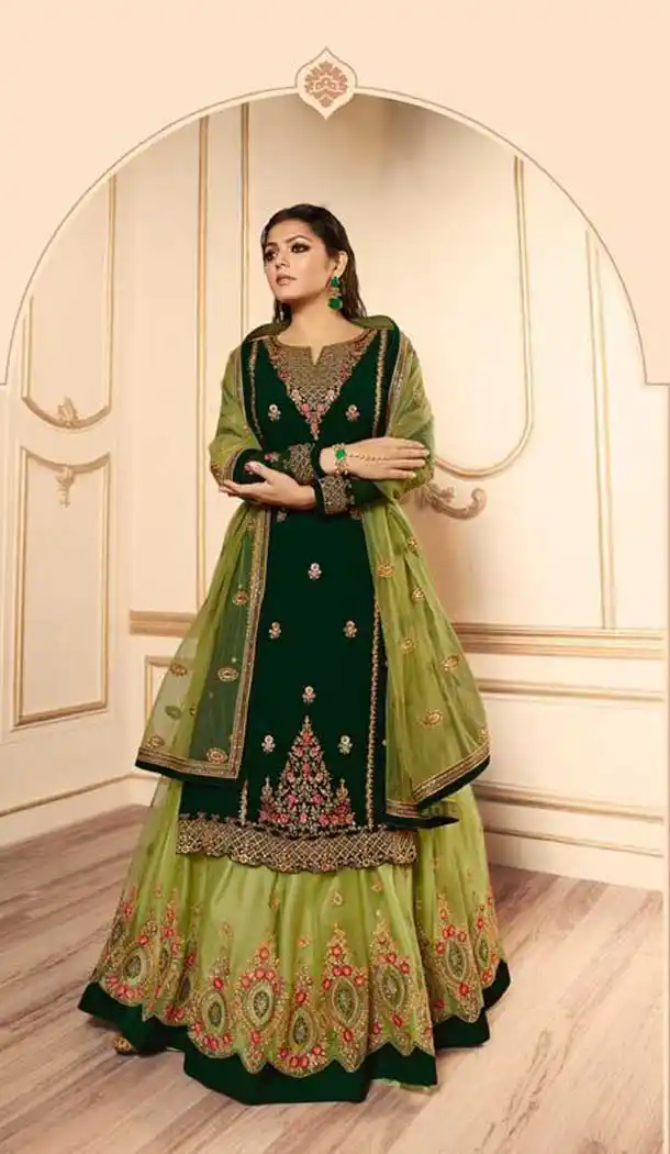 Dark Green Color Georgette Satin Tv Star Drashti Dhami Lehenga Style Suits -72722922