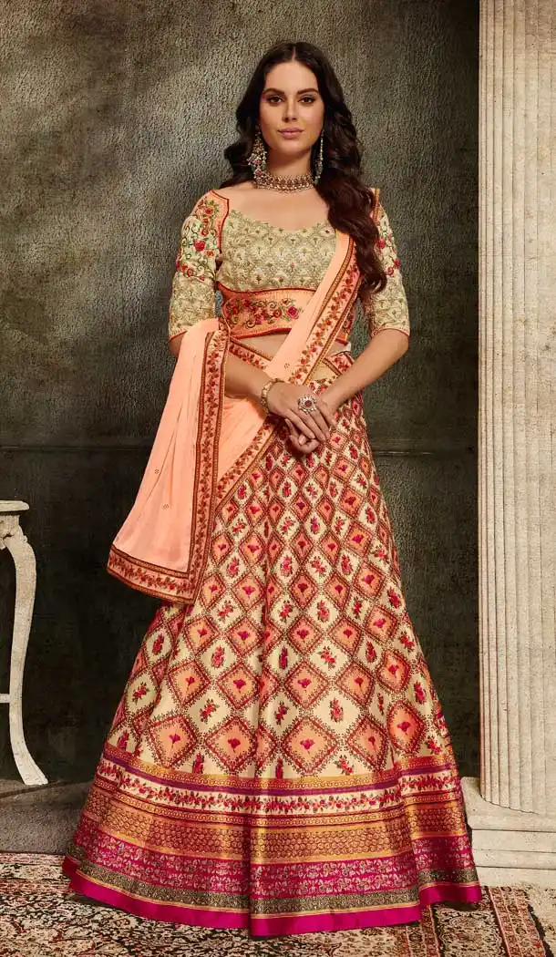 Beige Orange Color Soft Silk Designer Mehendi Sangeet Wear Lehenga Choli -72282570