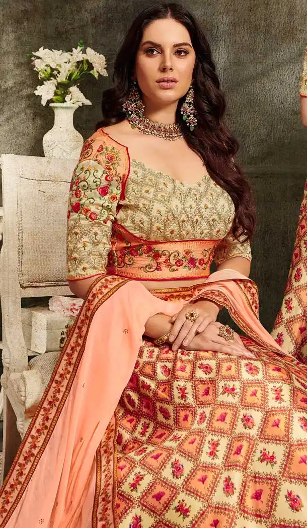 Beige Orange Color Soft Silk Designer Mehendi Sangeet Wear Lehenga Choli -72282570