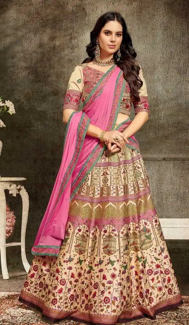 Cream Pink Color Soft Silk Designer Mehendi Sangeet Wear Lehenga Choli -72282574