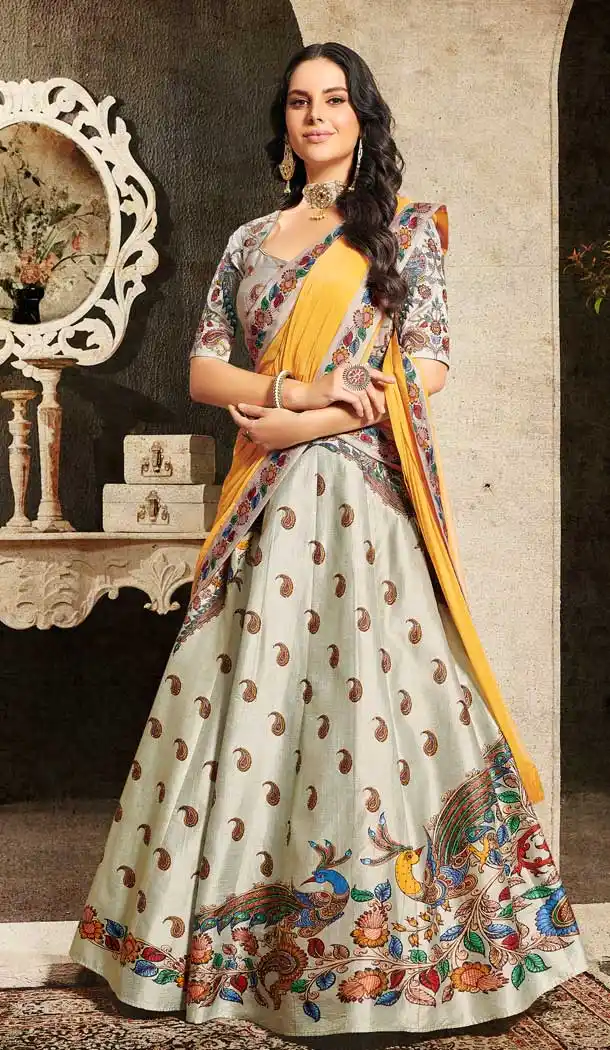 Grey Color Soft Silk Designer Mehendi Sangeet Wear Lehenga Choli -72282576