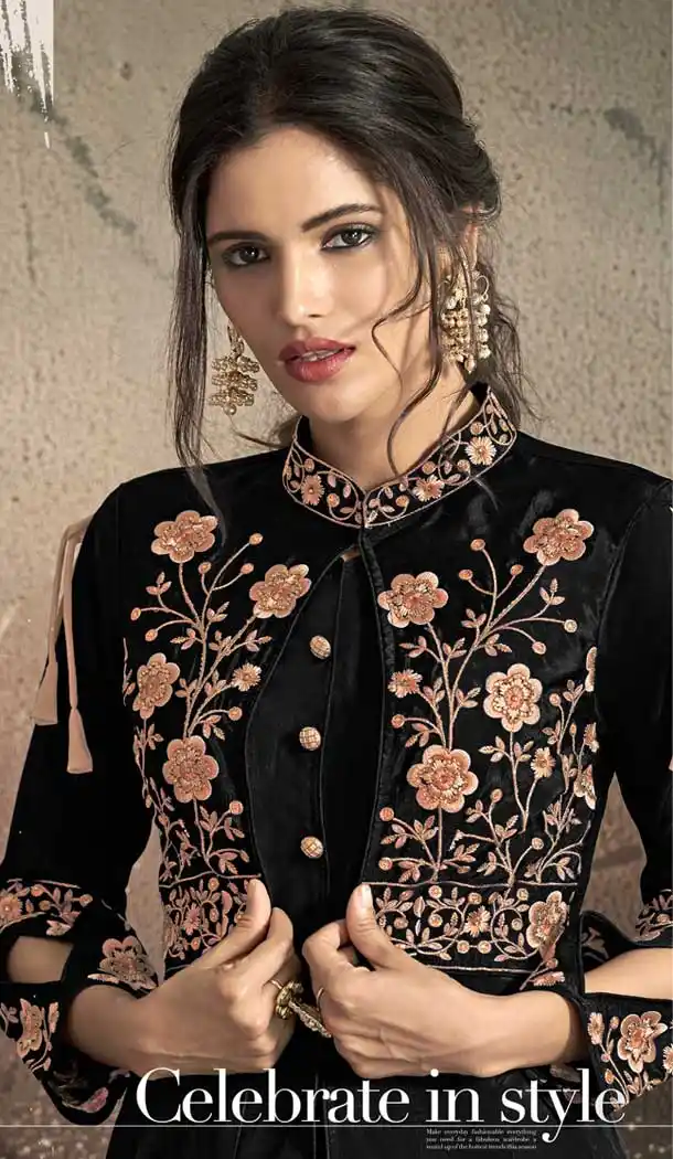 Aesthetic Black Color Tafeta Art Silk Party Wear Ready Made Gown -72672877
