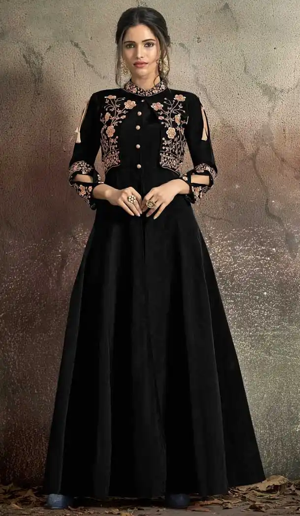 Aesthetic Black Color Tafeta Art Silk Party Wear Ready Made Gown -72672877