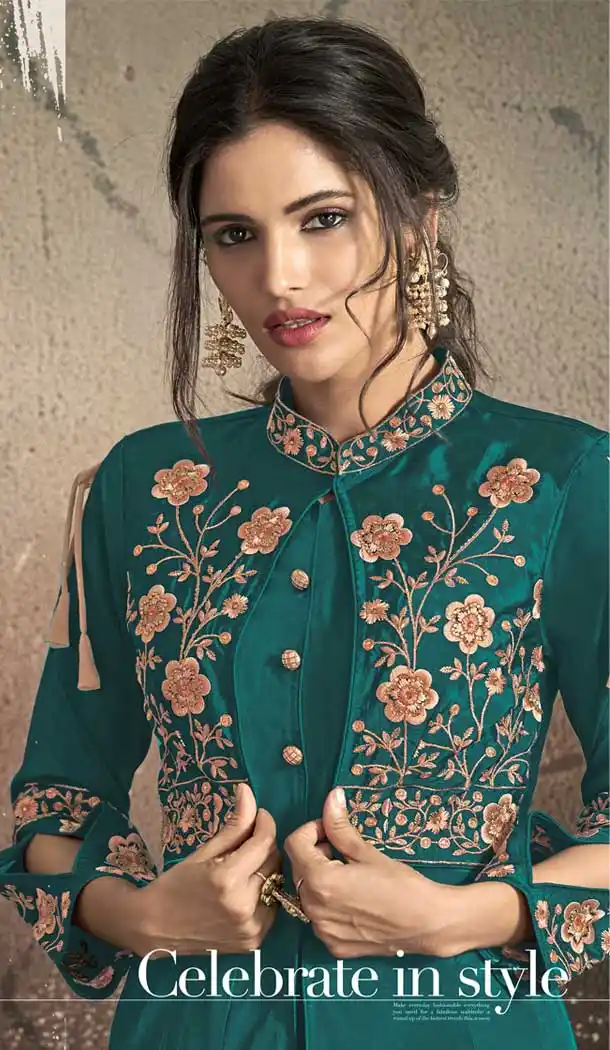 Tantalizing Teal Blue Color Tafeta Art Silk Party Wear Ready Made Gown -72672878