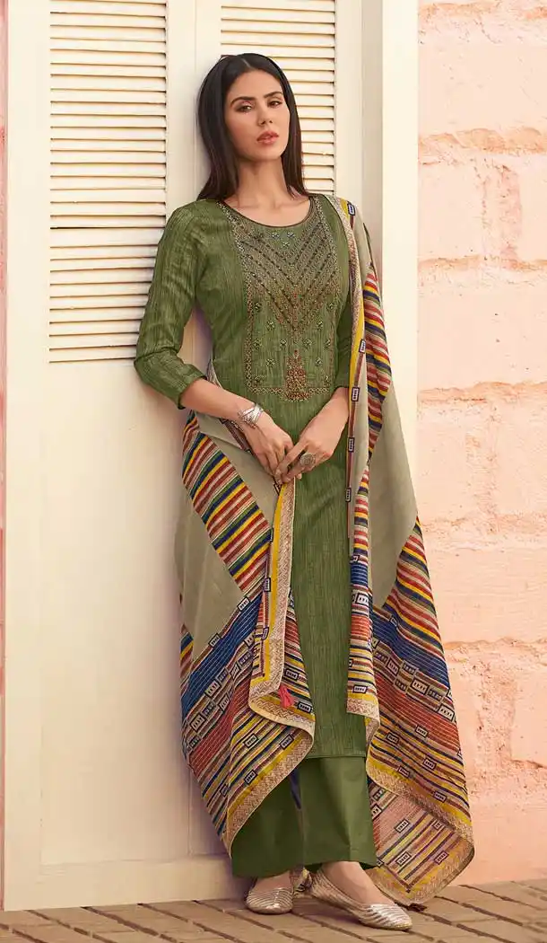 Mehendi Green Color Pure Jam Cotton Casual Wear Palazzo Suit -697587078