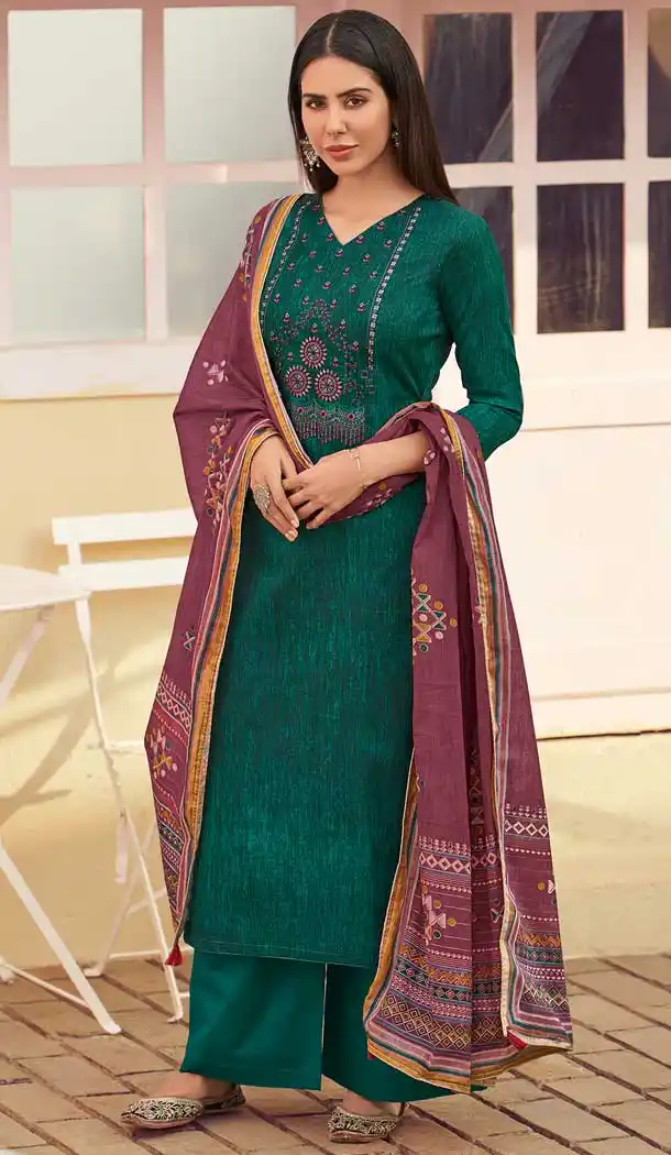 Glamorous Green Color Pure Jam Cotton Casual Wear Palazzo Suit -697587085
