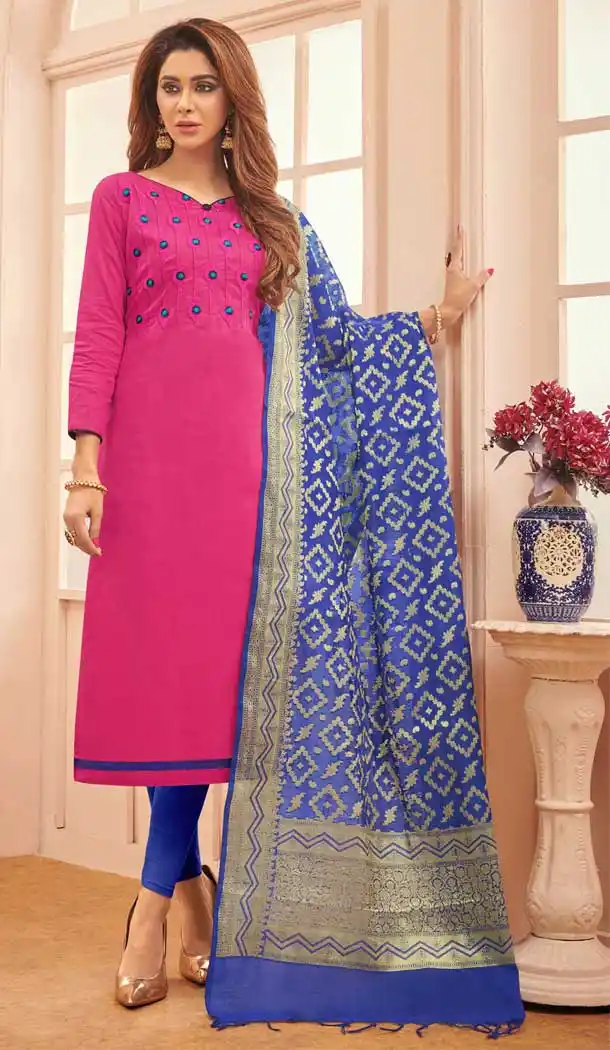 Pink Color Glace Cotton Salwar Kameez With Banarasi Silk Dupatta -698287155