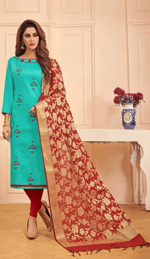 Sea Green Color Glace Cotton Salwar Kameez With Banarasi Silk Dupatta -698287156