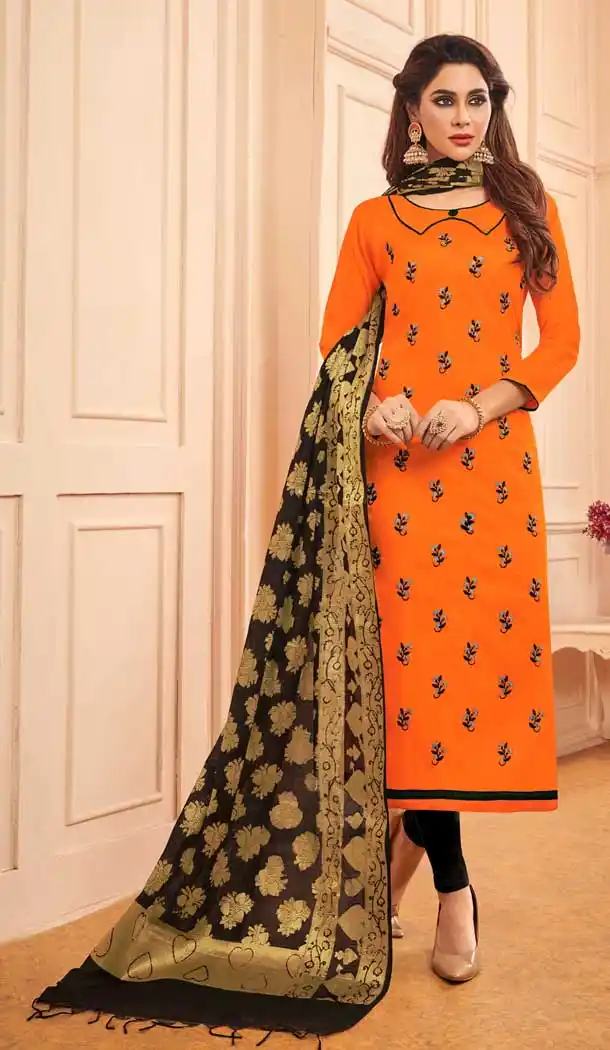 Orange Color Glace Cotton Salwar Kameez With Banarasi Silk Dupatta -698287157
