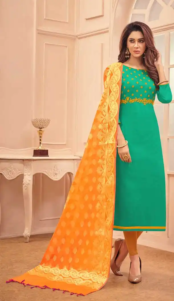 Green Color Glace Cotton Salwar Kameez With Banarasi Silk Dupatta -698287158