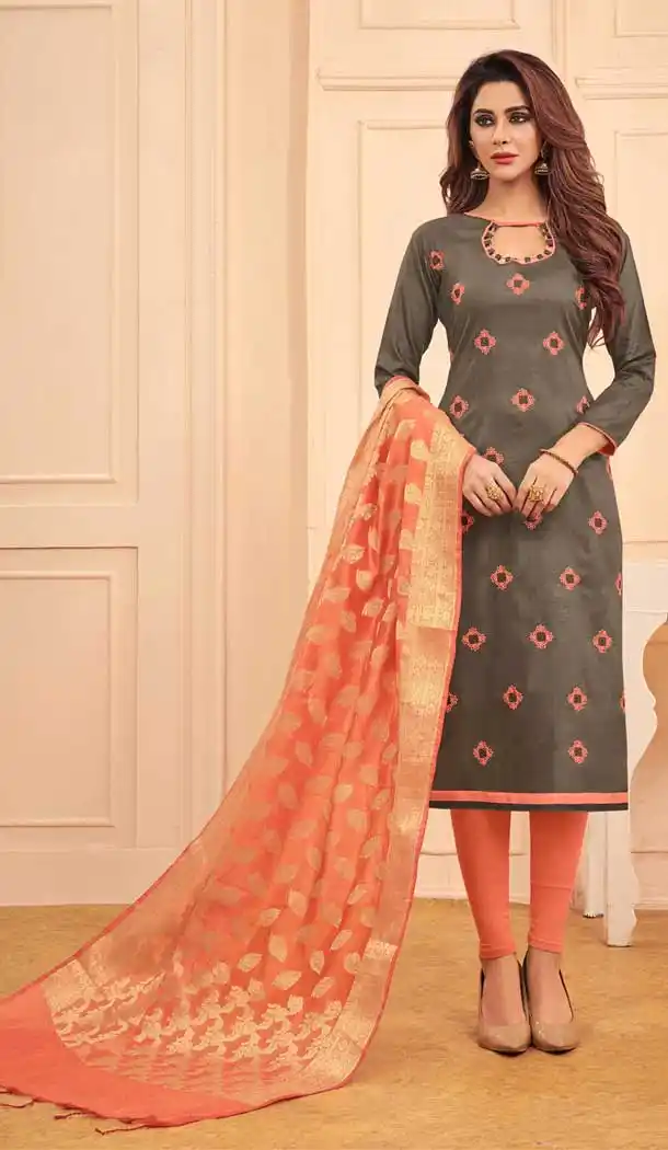 Grey Color Glace Cotton Salwar Kameez With Banarasi Silk Dupatta -698287159