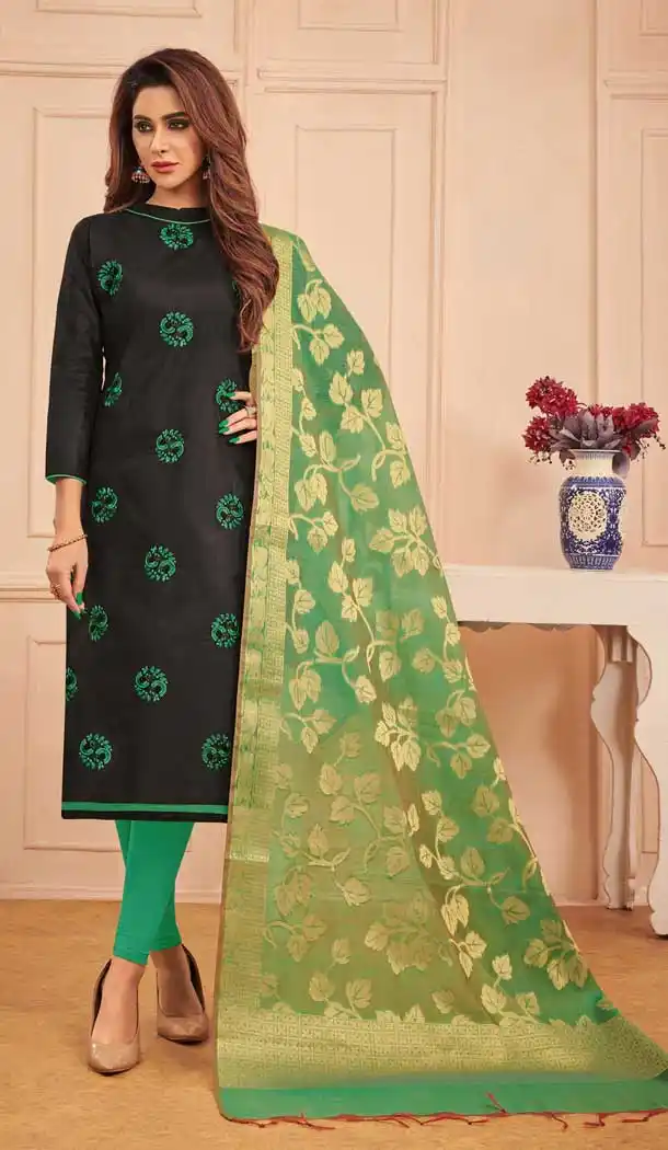 Black Color Glace Cotton Salwar Kameez With Banarasi Silk Dupatta -698287161