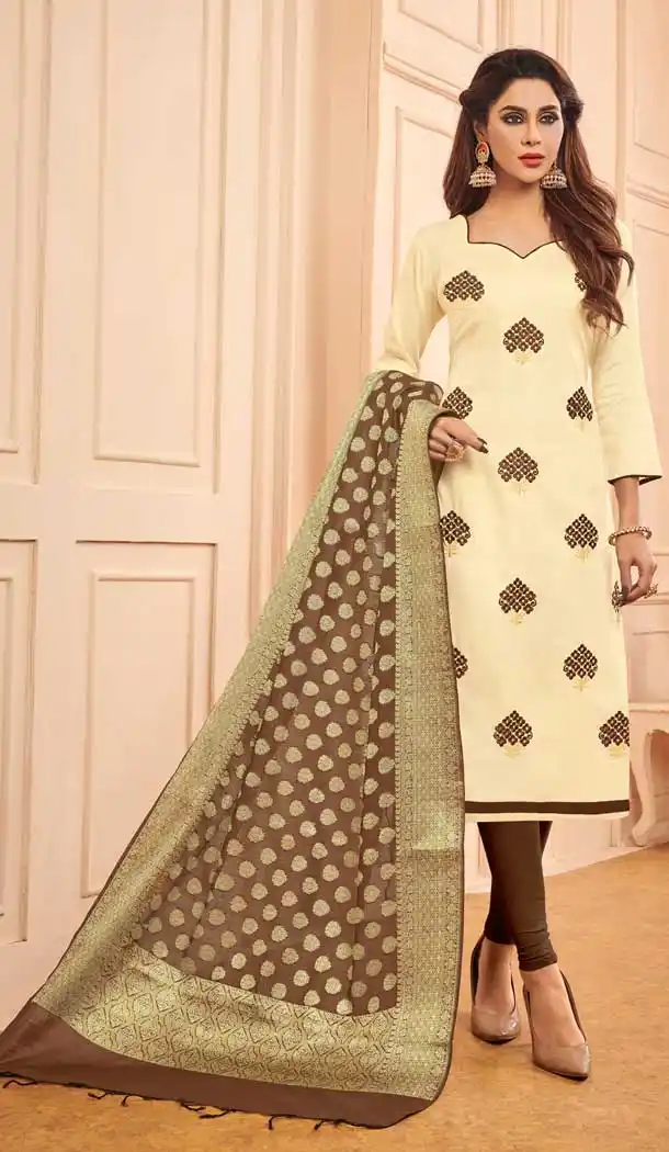 Beige Color Glace Cotton Salwar Kameez With Banarasi Silk Dupatta -698287164