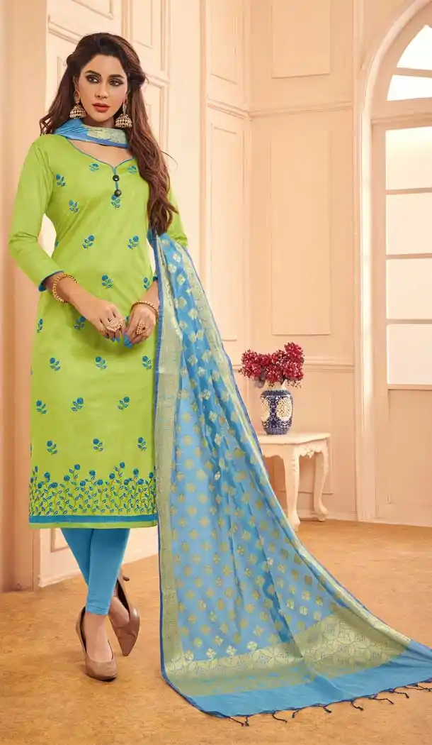 Unique Green Color Glace Cotton Salwar Kameez With Banarasi Silk Dupatta -698287165