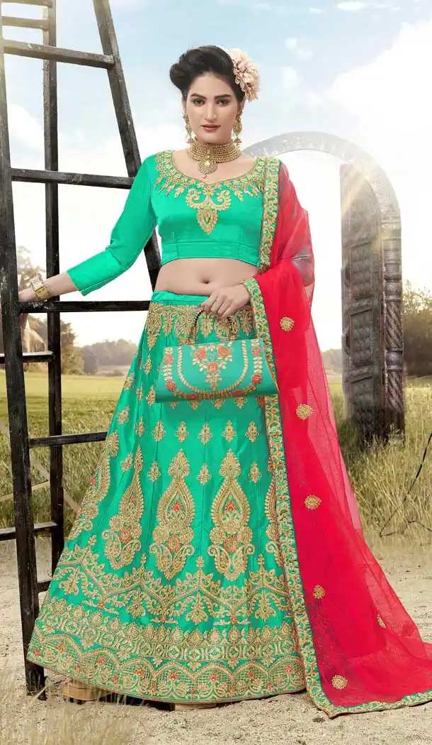 Charming Green Color Satin Silk Traditional Wear Lehenga Choli -698387167