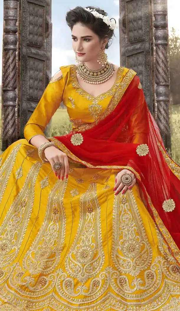 Musterd Color Satin Silk Traditional Wear Lehenga Choli -698387169