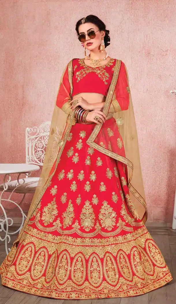 Red Color Satin Silk Traditional Patry Wear Lehenga Choli -698487176
